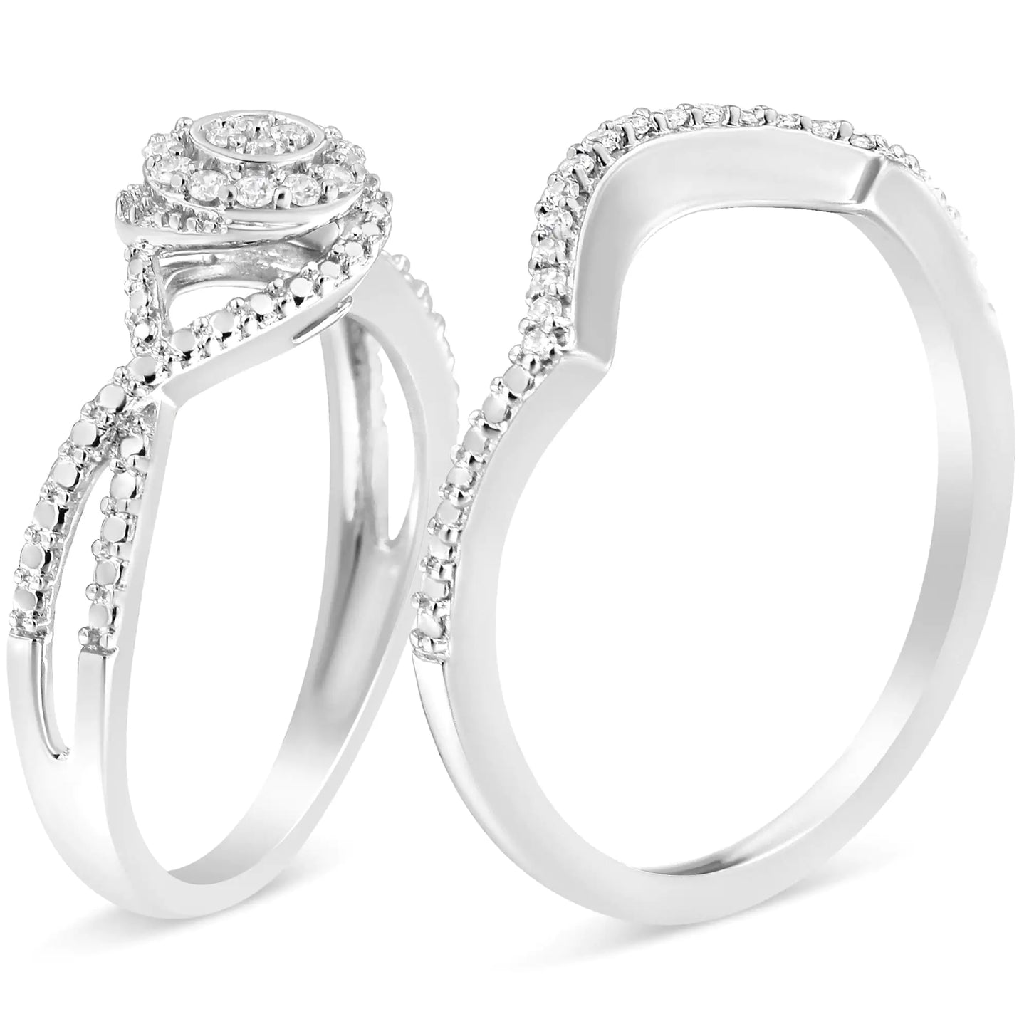.925 Sterling Silver 1/6 Cttw Diamond Composite Halo and Split Shank Bridal Set Ring and Band (I-J Color, I3 Clarity)