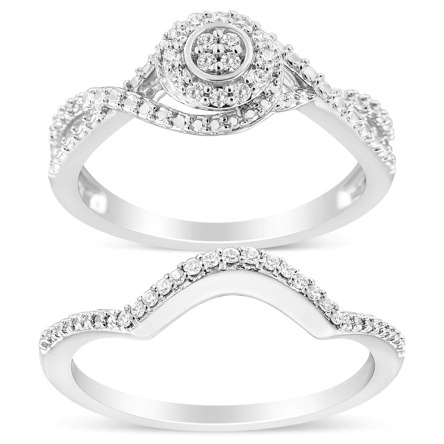 .925 Sterling Silver 1/6 Cttw Diamond Composite Halo and Split Shank Bridal Set Ring and Band (I-J Color, I3 Clarity)