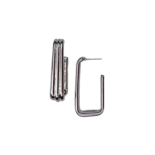 Metal Ribbed Geometric Hoop Earrings - Silver Plated, 1.5â€ Length