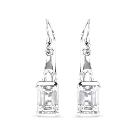 .925 Sterling Silver 3.0 Cttw Emerald Cut White Topaz Solitaire Dangle Earring - AAA Quality